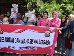 POLRES BINJAI BERSAMA MAHASISWA BAGIKAN SEMBAKO, BENTUK KEPEDULIAN TERHADAP WARGA DAMPAK KENAIKAN BBM