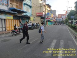 Pos padat pagi dilaksanakan oleh Sat Samapta Polres Binjai memantau arus lalu lintas cegah terjadinya gangguan Kamtibcarlantas